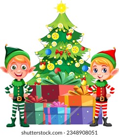 A cartoon illustration of a Christmas elf standing in front of a festive gift