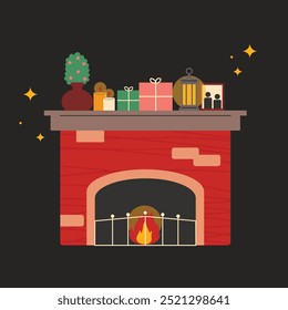 Cartoon illustration Christmas fireplace with New Year decor: candles, socks, gifts, Christmas tree, and decorations. Cozy warm hearth. Doodle winter fireplace with burning fire