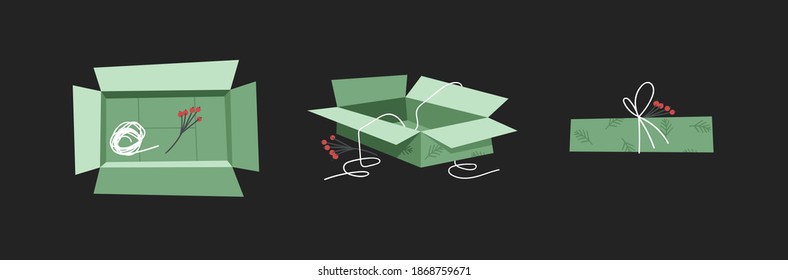 Cartoon Illustration Christmas Gift Box isolated. Creative Flat Style Art Work Collection. Actual vector drawing of Holiday Things Packing. Cozy Winter Decoration set