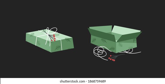 Cartoon Illustration Christmas Gift Box isolated. Creative Flat Style Art Work Collection. Actual vector drawing of Holiday Things Packing. Cozy Winter Decoration set