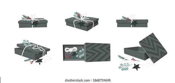 Cartoon Illustration Christmas Gift Box isolated. Creative Flat Style Art Work Collection. Actual vector drawing of Holiday Things Packing. Cozy Winter Decoration set