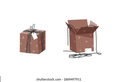 Cartoon Illustration Christmas Gift Box isolated. Creative Flat Style Art Work Collection. Actual vector drawing of Holiday Things Packing. Cozy Winter Decoration set