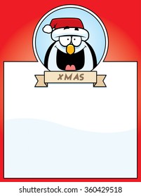 A cartoon illustration of a Christmas graphic with penguin.