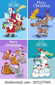 Cartoon illustration of Christmas greeting cards set with Santa Claus and holiday characters