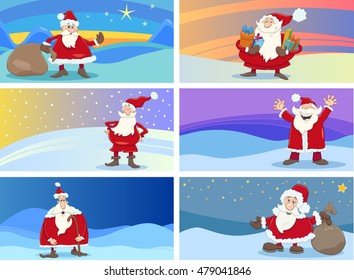 Cartoon Illustration of Christmas Greeting Cards Set with Santa Claus