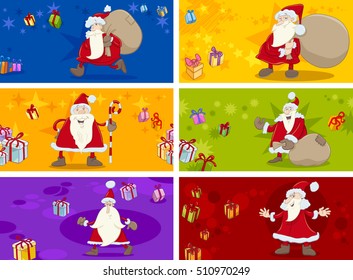 Cartoon Illustration of Christmas Greeting Cards Set with Santa Claus Characters