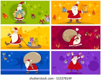 Cartoon Illustration of Christmas Greeting Cards Set with Santa Claus Characters