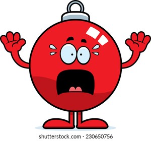 A cartoon illustration of a Christmas ornament looking scared.