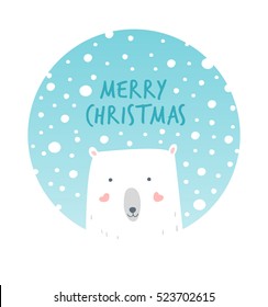 Cartoon Illustration Christmas Polar and Snow. Hand drawn cute illustration white bear. Christmas card. Vector illustration christmas mood. Christmas greetings with polar bear and snow. 