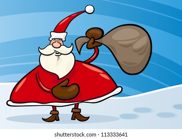 Cartoon Illustration of Christmas Santa Claus or Papa Noel with Gifts in Sack on Snow