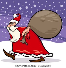 Cartoon Illustration of Christmas Santa Claus or Papa Noel with Presents in Sack against Evening Sky and Snow