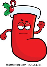 Cartoon illustration of a Christmas stocking with a grumpy expression. 