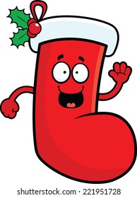 Cartoon illustration of a Christmas stocking with a happy expression. 