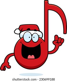 A cartoon illustration of a Christmas themed musical note with an idea.