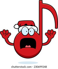 A cartoon illustration of a Christmas themed musical note looking scared.