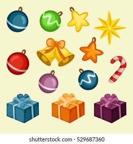 Cartoon Illustration of Christmas Toys, Decorations  and Gift Boxes