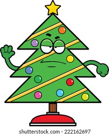 Cartoon illustration of a Christmas tree with a grumpy expression. 