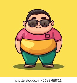 A cartoon illustration of a chubby person wearing sunglasses, a pink shirt, yellow torso, and green pants, with hands in pockets.