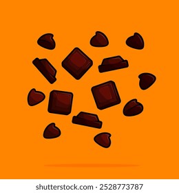 cartoon illustration of chunks of chocolate and chocochips. can be used for menu, cover, cafe, restaurant, cookbook, ads, print, poster, website