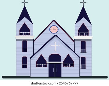 A cartoon illustration of a church building featuring a steeple, stained glass windows, and a welcoming entrance.