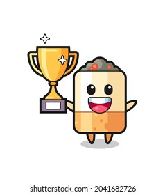 Cartoon Illustration of cigarette is happy holding up the golden trophy , cute design