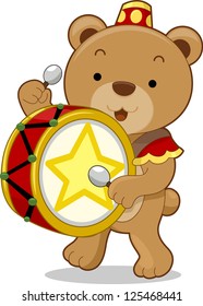 Cartoon illustration of a circus bear as a drummer