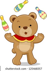 Cartoon illustration of a circus bear juggling bowling pins
