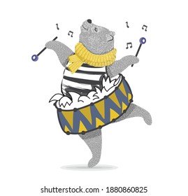 Cartoon illustration of a circus  cute bear as a drummer.T-shirt graphics.Cartoon characters.Animal print.Vector illustrations for children books or posters.Fashion pattern.