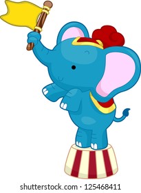 Cartoon Illustration of Circus Elephant waving a flag while balancing on top of a circus platform