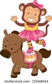 Cartoon Illustration of Circus Monkey Balancing on the back of a Horse