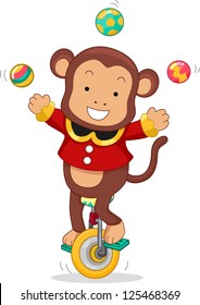 Cartoon Illustration of a Circus Monkey riding a Monocycle while juggling balls