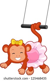 Cartoon Illustration of a Circus Monkey with tail coiled on a flying trapeze