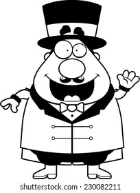 A cartoon illustration of a circus ringmaster smiling and waving.