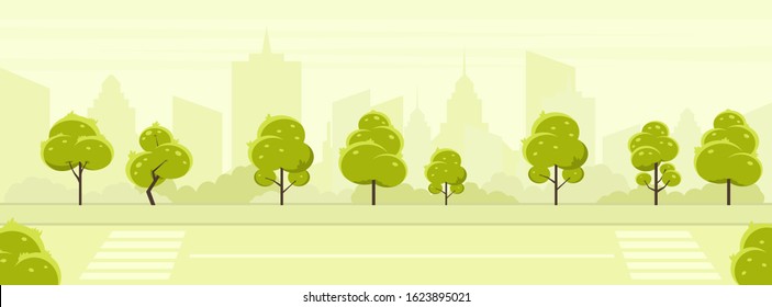 Cartoon illustration of city landscape with road and trees