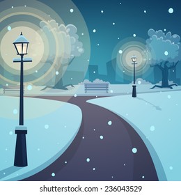 Cartoon illustration of the city park in winter time.