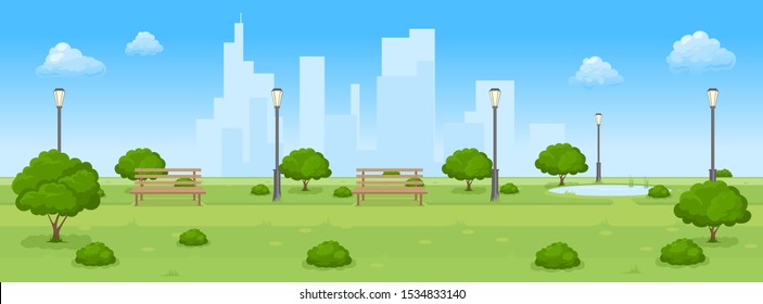 Cartoon illustration of city summer park with green trees bench, walkway and lantern.