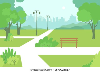 Cartoon illustration of a city summer park with green trees bench, walkway and lantern. Vector illustration.