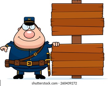 A cartoon illustration of a Civil War Union soldier with a sign.
