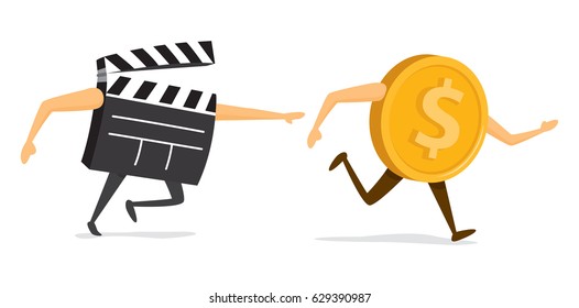 Cartoon illustration of clapperboard chasing a coin