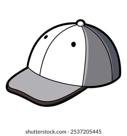 A cartoon illustration of a classic baseball cap, featuring a white crown, a grey brim, and a stitched design. This vector image is perfect for adding a casual and sporty touch to your projects.