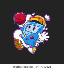 Cartoon illustration of a classic game boy playing basketball 