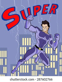 Cartoon illustration of a classic retro flying superhero