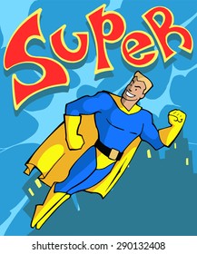 Cartoon illustration of a classic superhero in blue and yellow super costume