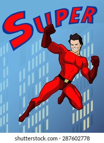 Cartoon illustration of a classic superhero in red super costume