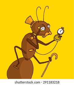 Cartoon illustration of classy ant expert in antiques