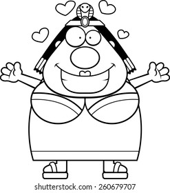 A cartoon illustration of Cleopatra ready to give a hug.