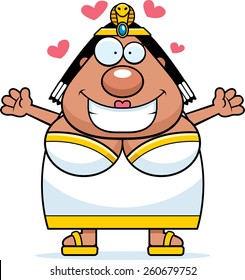 A cartoon illustration of Cleopatra ready to give a hug.