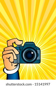 Cartoon illustration of a clicking hand with camera.