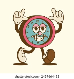 cartoon illustration of a clock mascot character happy posing pointing at top can be used for merch, poster, prints, stickers, and graphics.