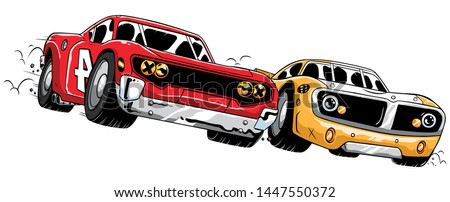 Cartoon illustration of a close race between 2 sport cars. 